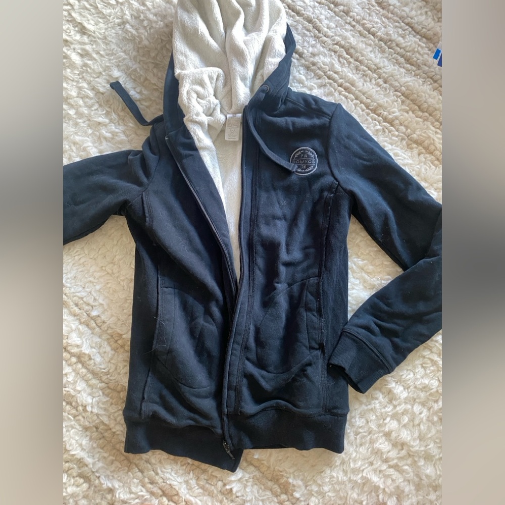 European brand navy hoodie with white faux shearling lining